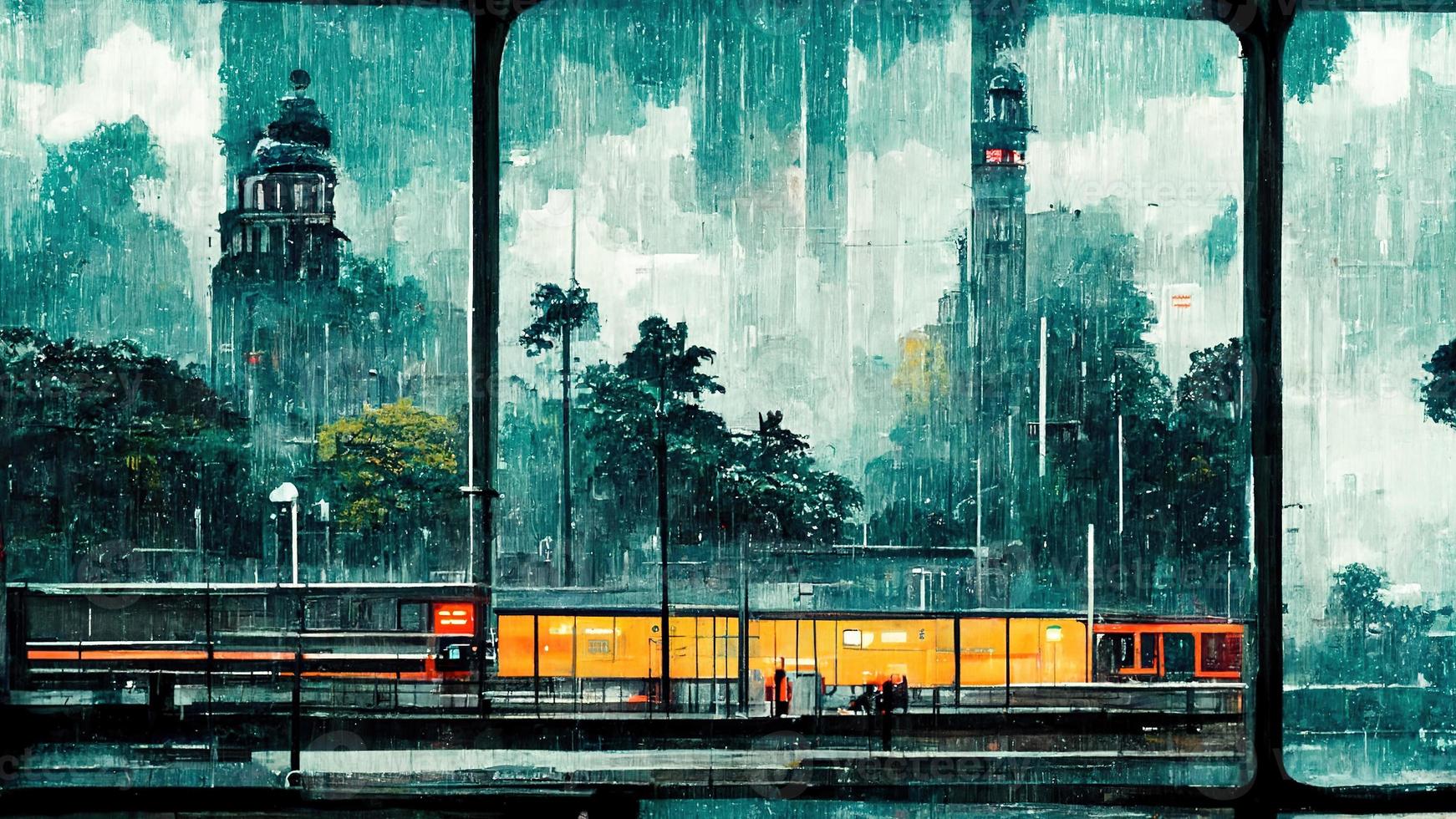 gloomy landscape of the metro in the rain. Abstract illustration art photo