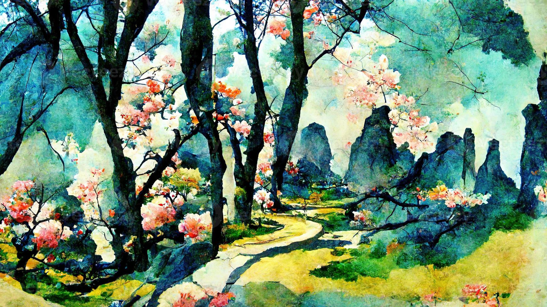 Natural colorful landscape with trees and mountains illustration design photo