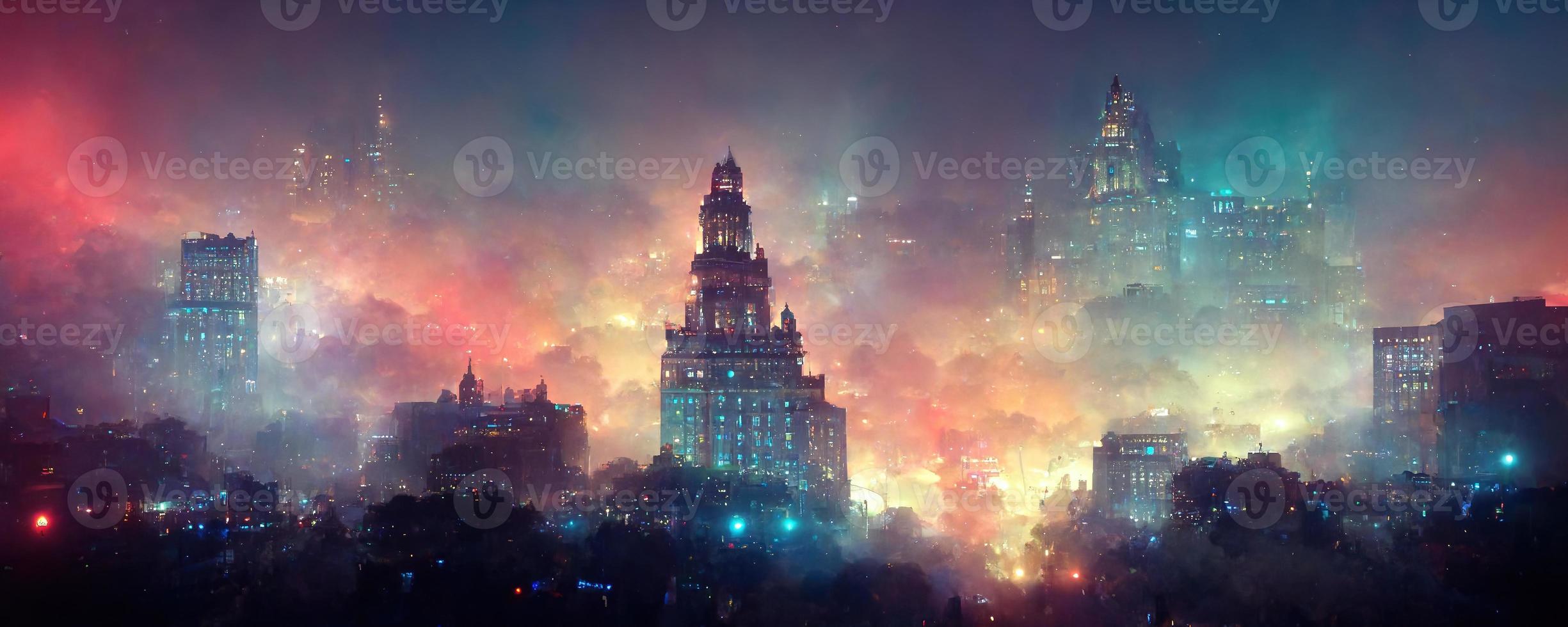 night cityscape in neon light and clouds photo