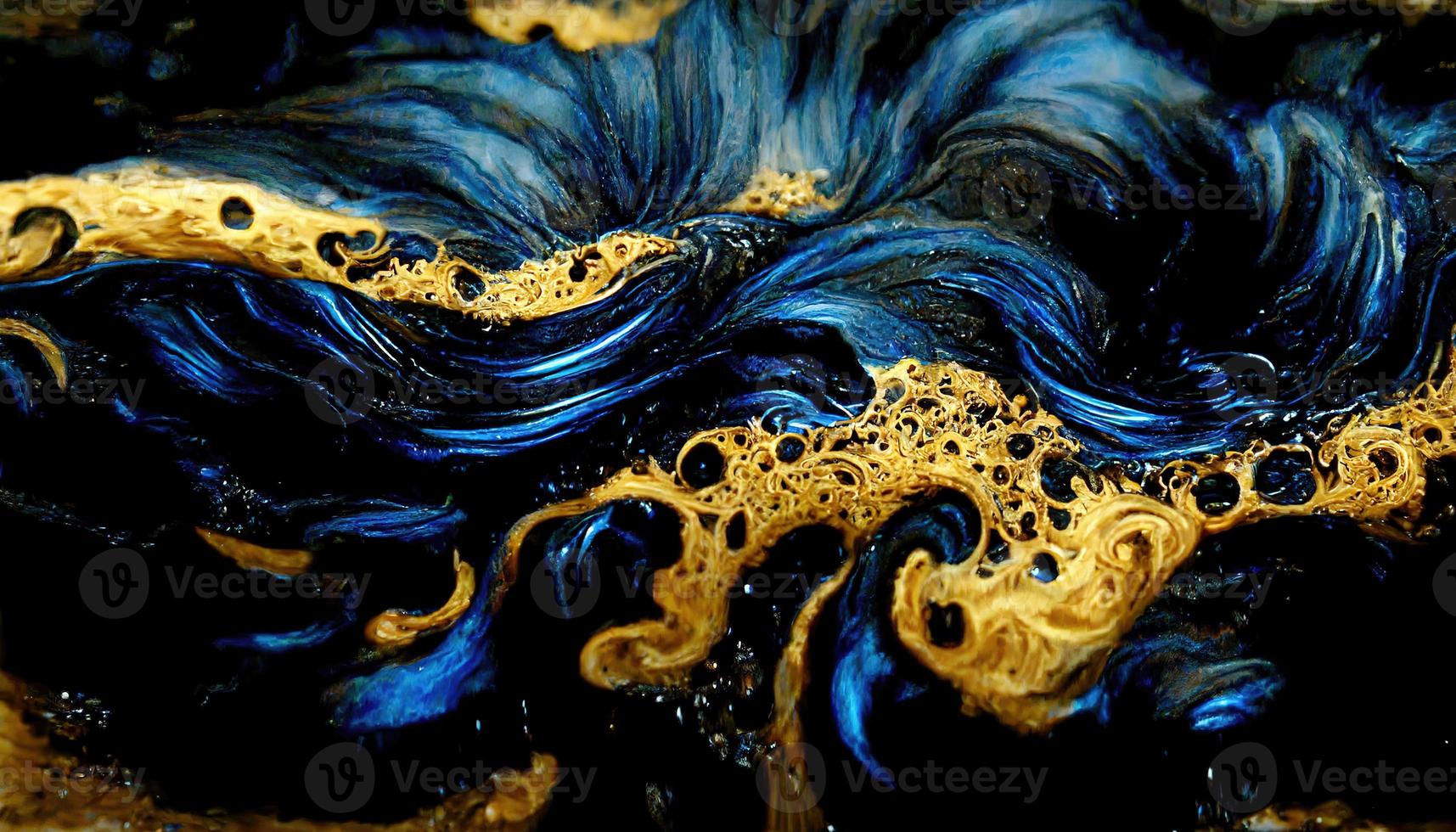 Abstract illustration alcohol ink with gold and blue color on marble photo