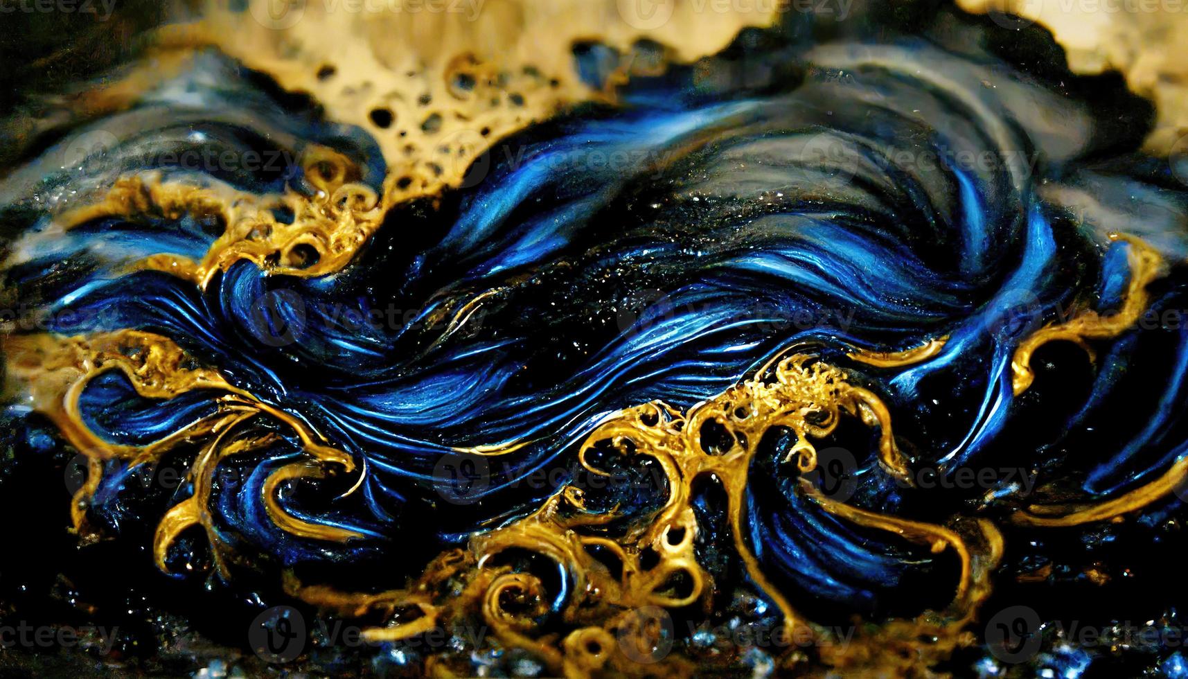 Abstract illustration alcohol ink with gold and blue color on marble photo