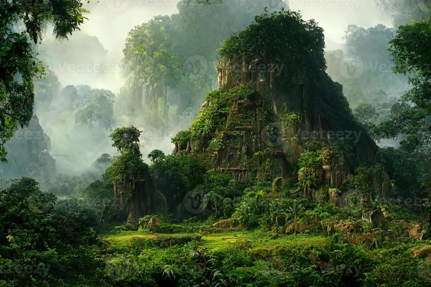 Remains of an ancient civilization in the mystical jungle illustration photo