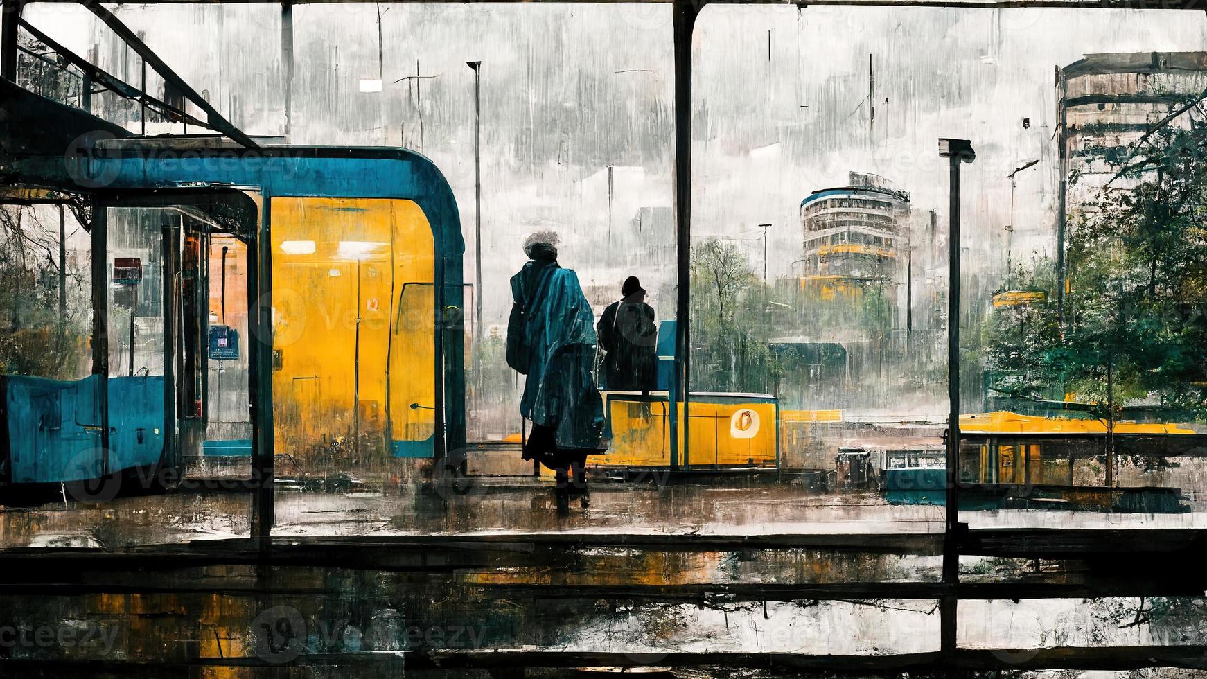 gloomy landscape of the metro in the rain. Abstract illustration art photo