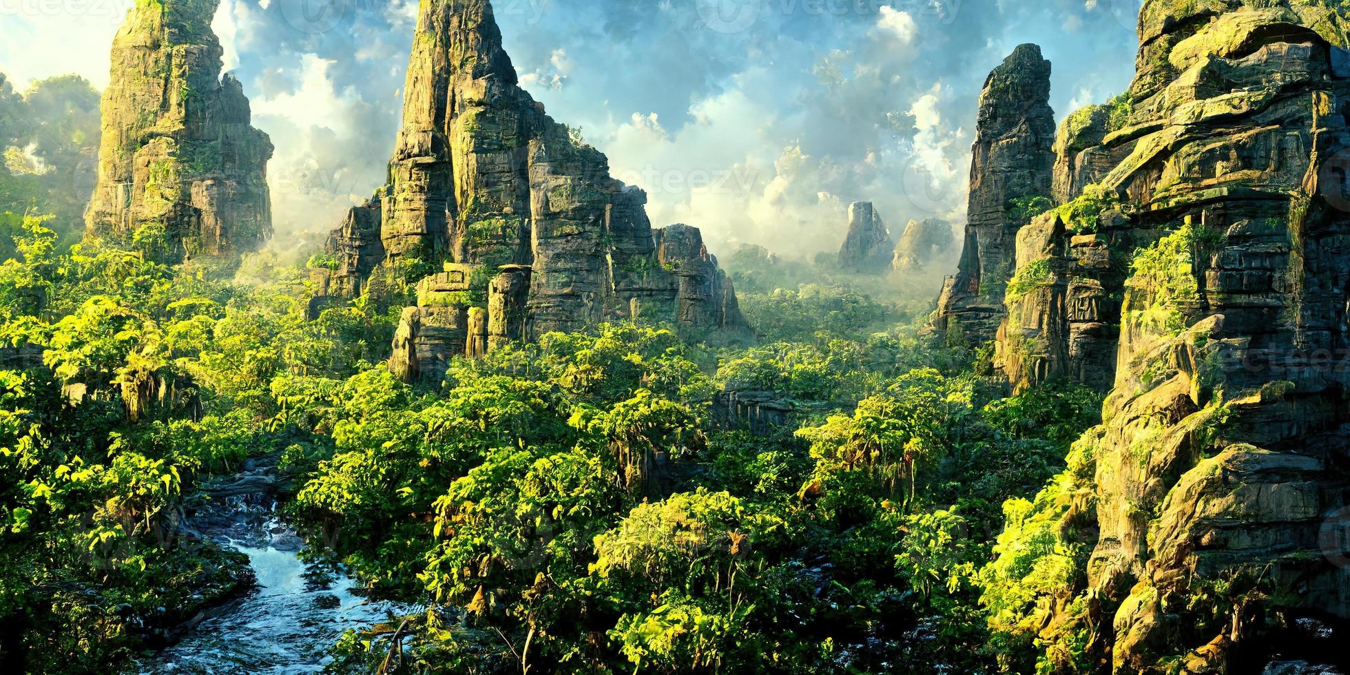 Remains of an ancient civilization in the mystical jungle illustration photo