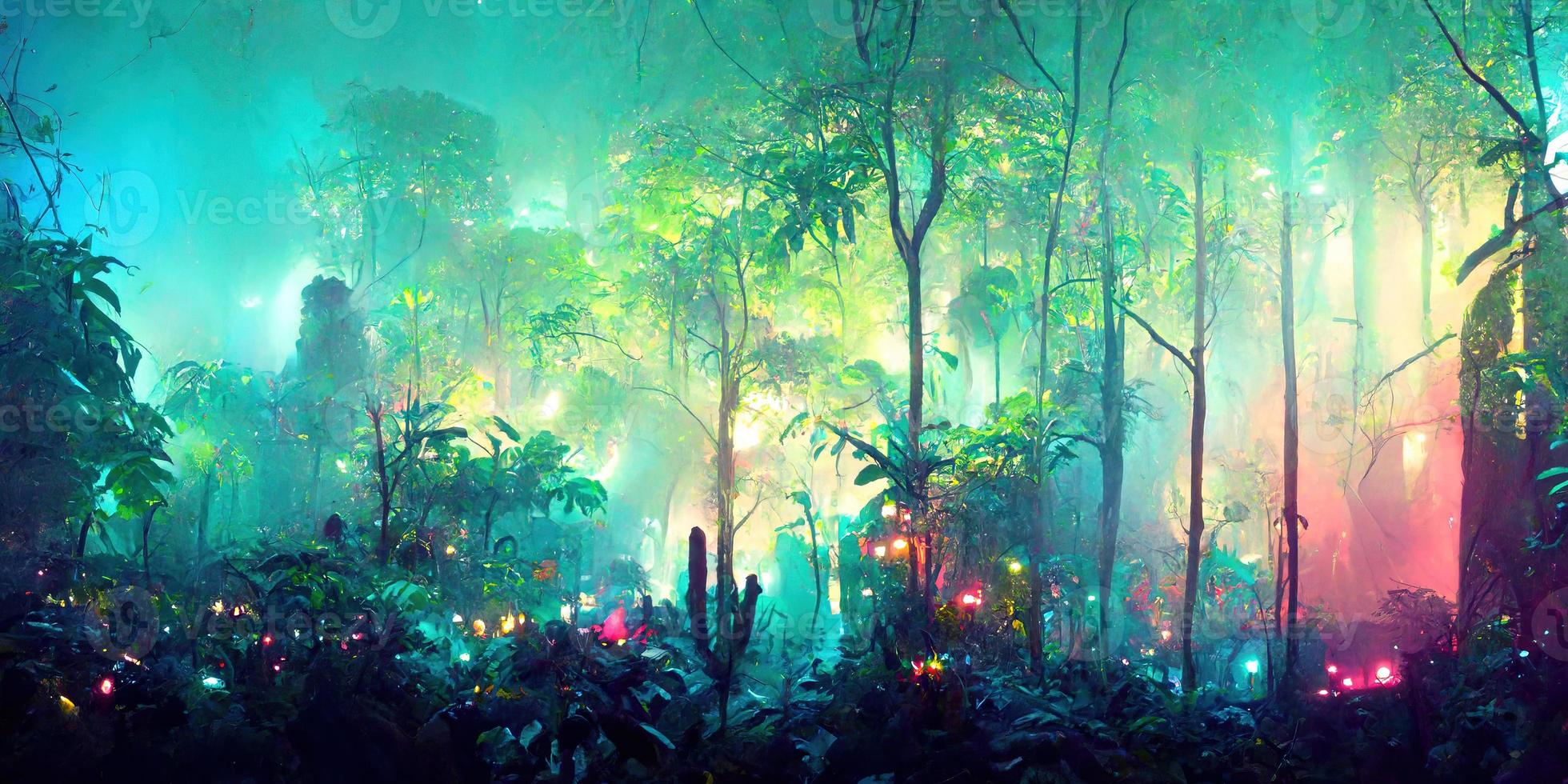 Fantasy foggy jungle under neon light illustration photo