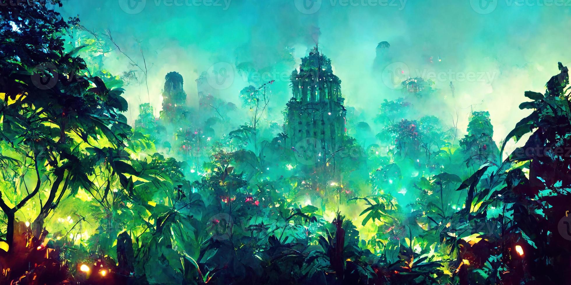 Fantasy foggy jungle under neon light illustration photo