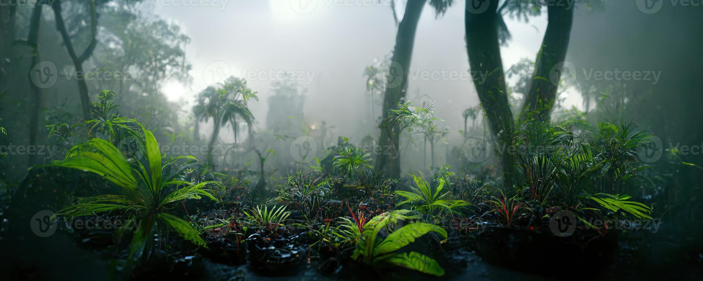 Exotic foggy forest Jungle panorama forest oasis Foggy dark forest Natural  forest landscape 11411722 Stock Photo at Vecteezy