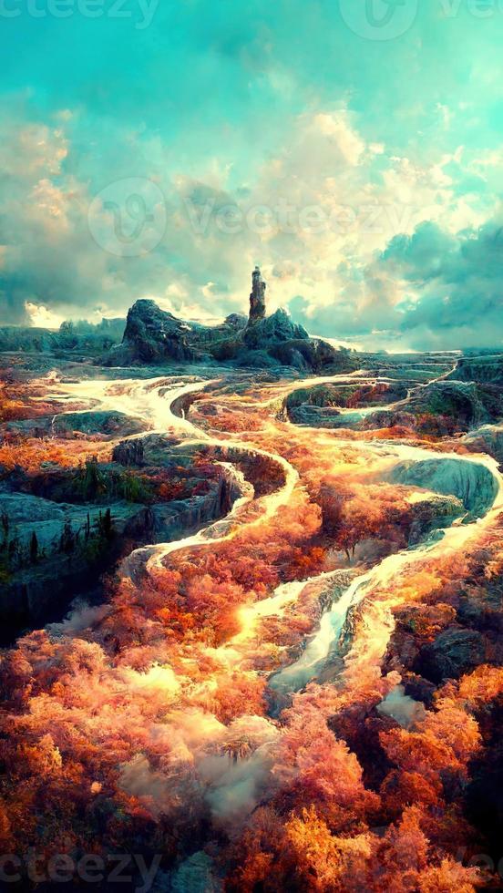 fantastic plot with a path of trees and clouds leading to the tower photo