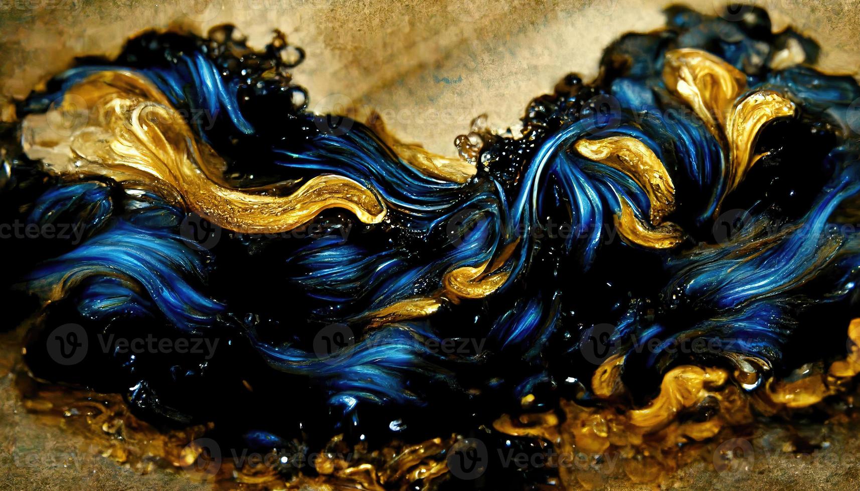 Abstract illustration alcohol ink with gold and blue color on marble photo