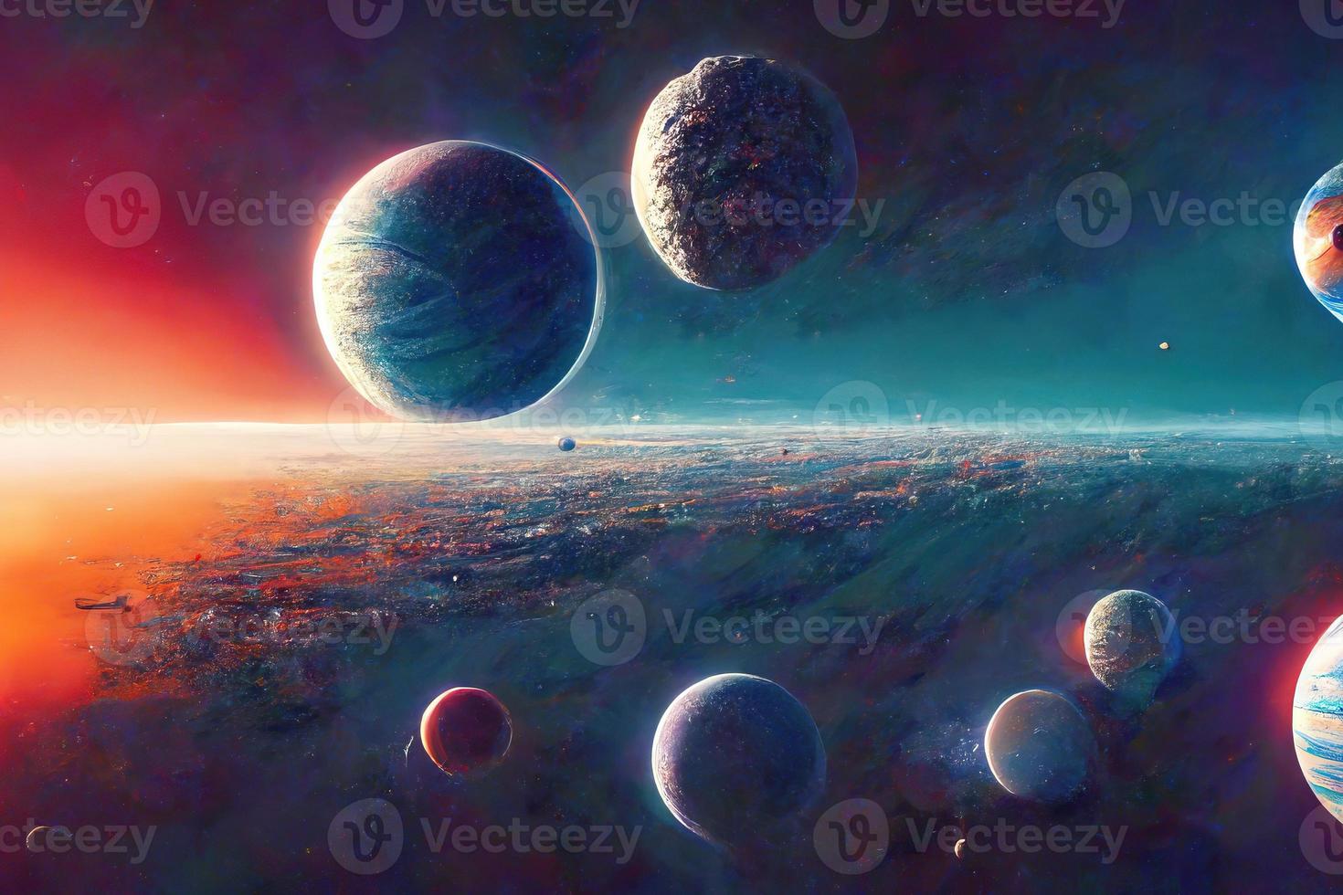 espacio con muchos planetas y estrellas ilustración foto