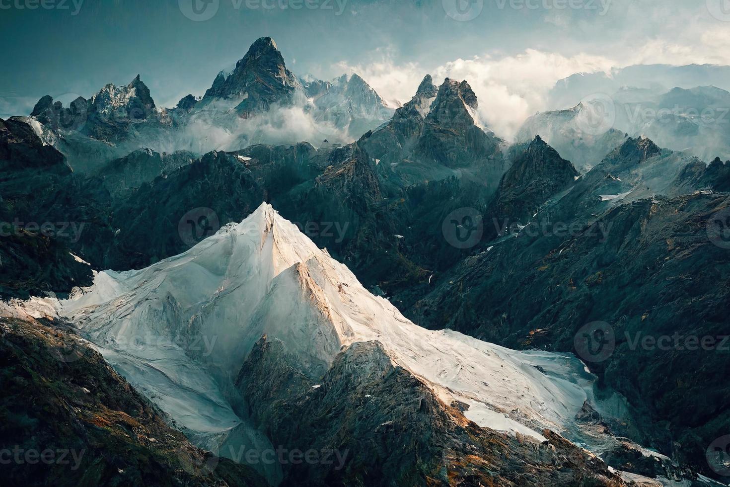Mountain realistic landscape under cloudy sky illustration photo