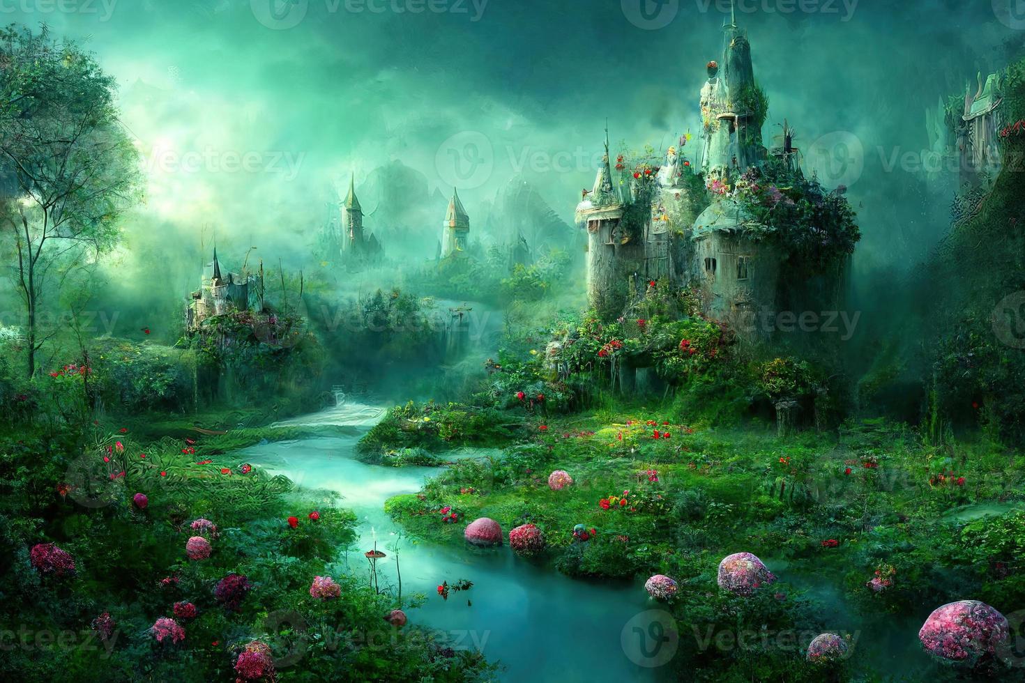 Fantasy sleepy landscape with cloudy sky illustration photo