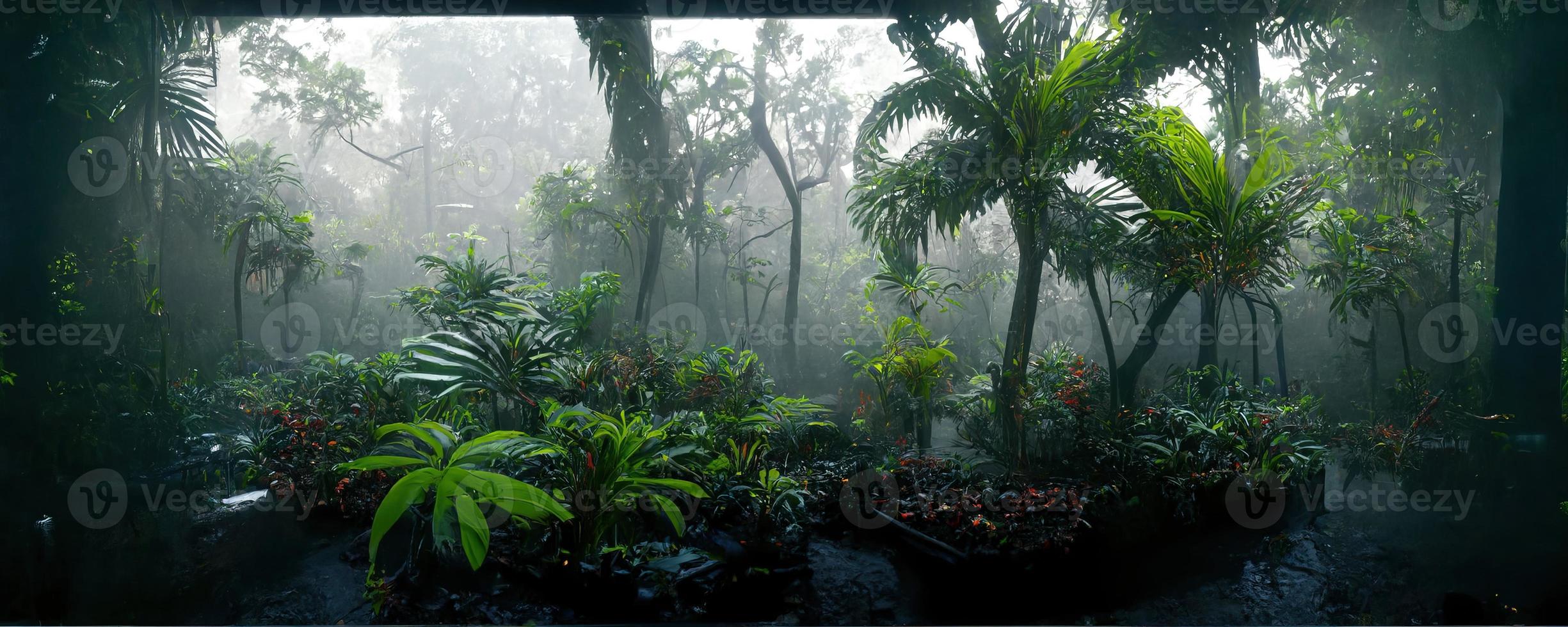 Foggy dark excotic tropical jungle illustration design photo