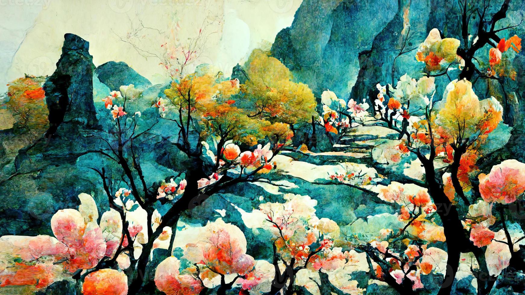 Natural colorful landscape with trees and mountains illustration design photo