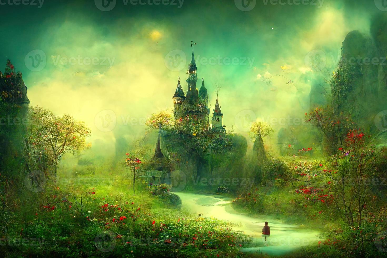 Fantasy sleepy landscape with cloudy sky illustration photo