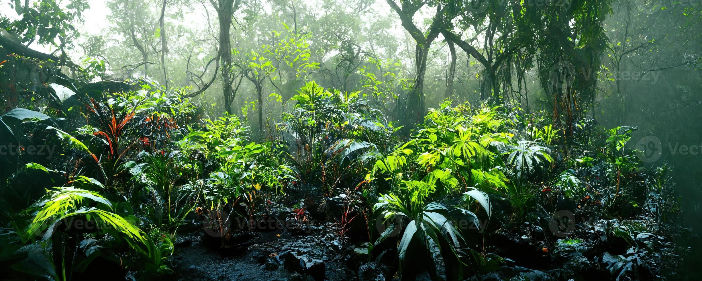 Foggy dark excotic tropical jungle illustration design photo