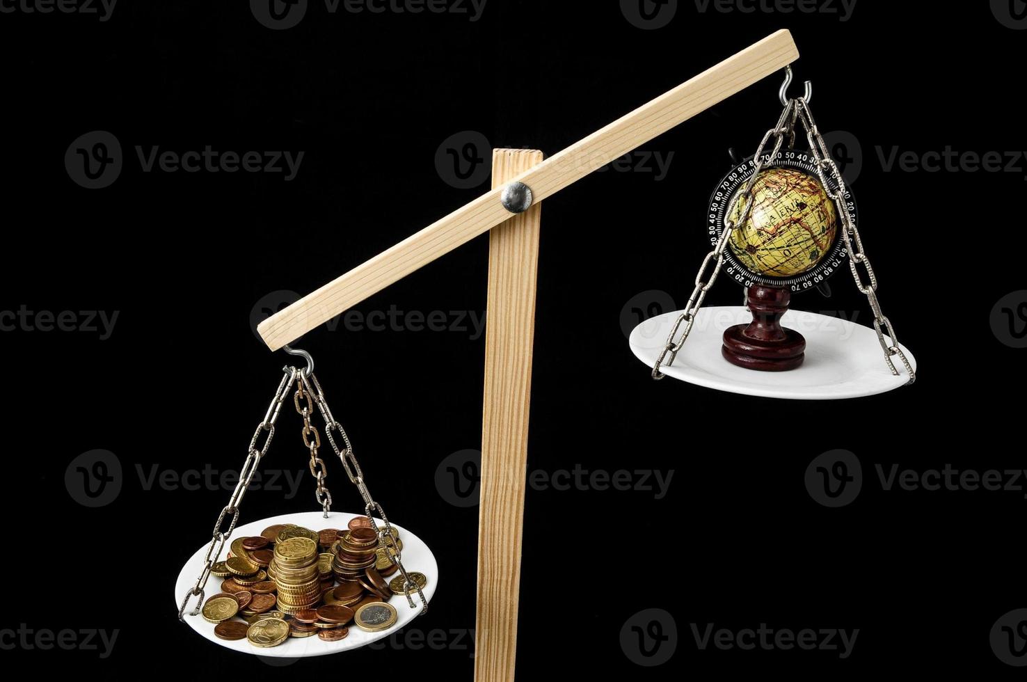 Scale with globe and coins photo