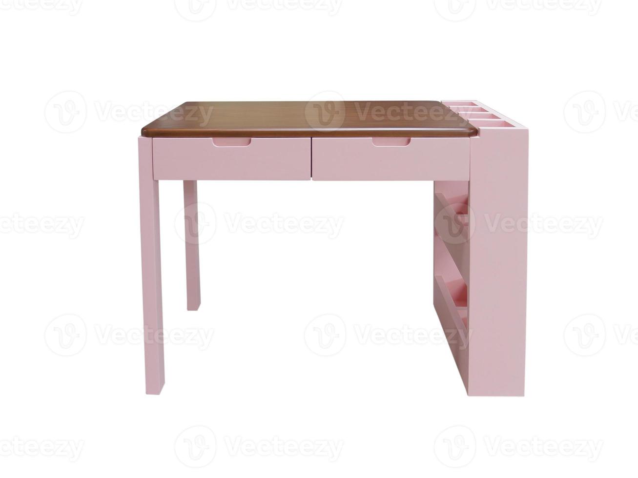 Pink wooden desk table with three shelves isolated on white background. Interior design Inspiration. Furniture modern inspiration. Home living. Scandinavian Furniture. photo