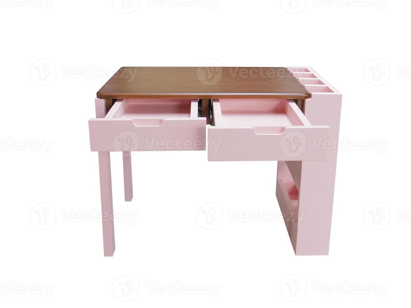 Pink wooden desk table with three shelves isolated on white background. Interior design Inspiration. Furniture modern inspiration. Home living. Scandinavian Furniture. photo