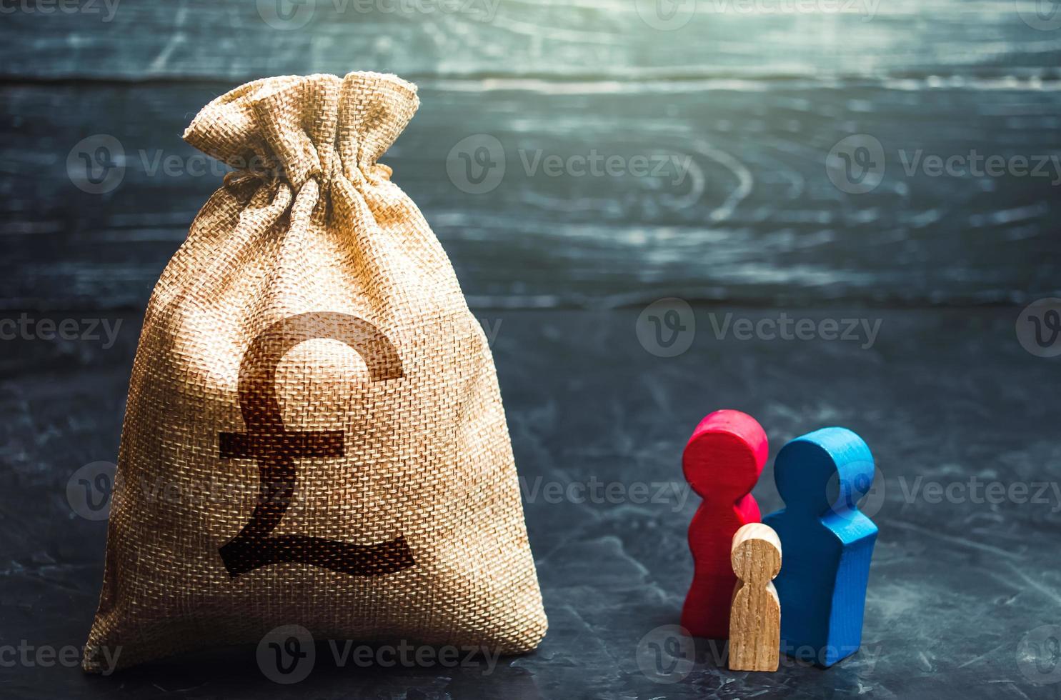 Family figurines and british pound sterling money bag. Social assistance and support. Income level, budget. Social research, consumer preferences. Marketing and targeting. Demographic grant. photo
