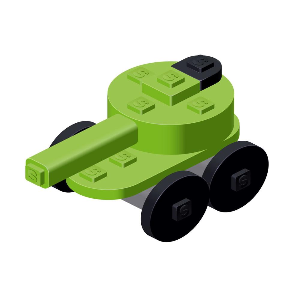 Tank assembled from plastic blocks in isometric style on a white background for print and design.Vector illustration. vector