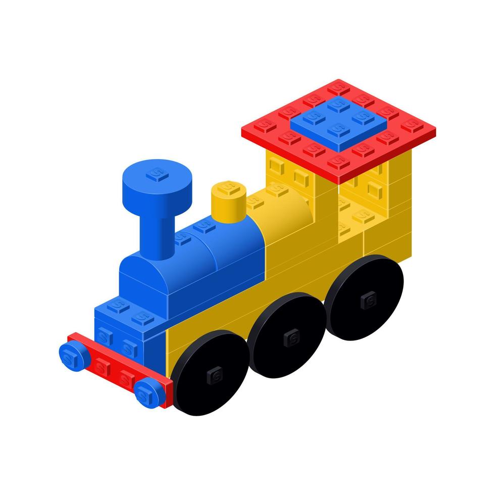un vapor locomotora construido desde el plastico bloques, un juguete para un niño. vector clipart