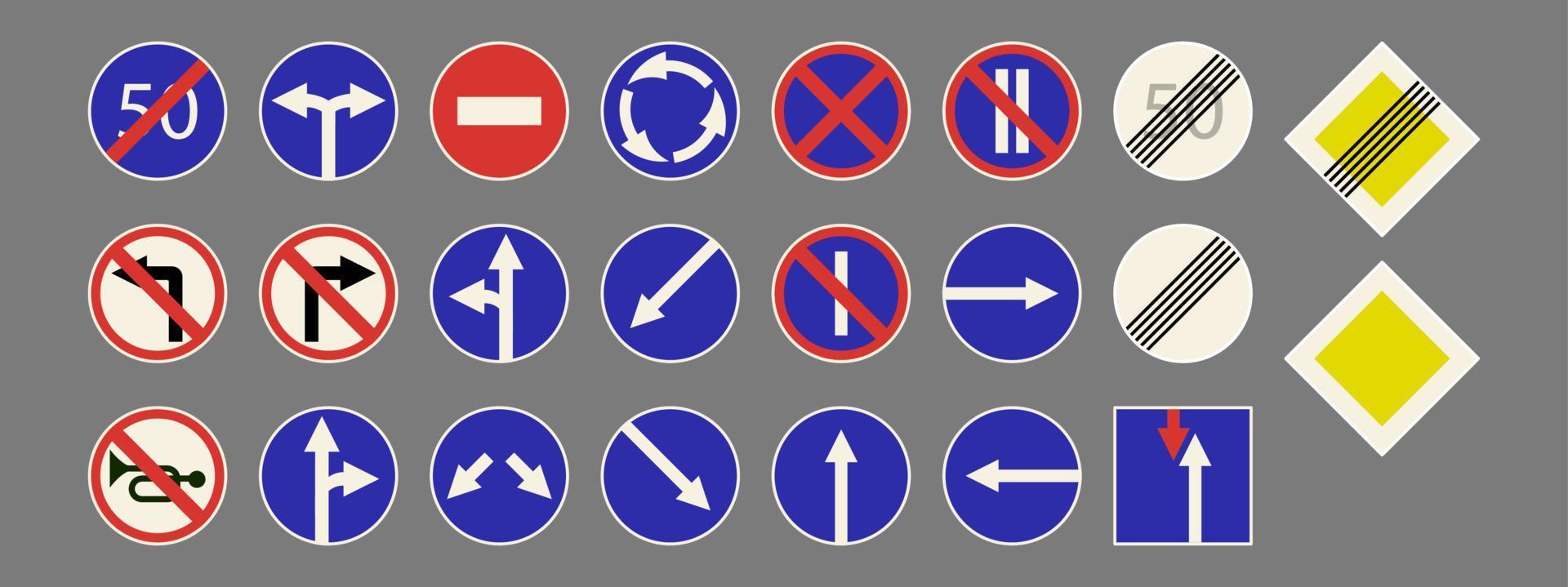 A set of road signs on a gray background, horizontal, flat style for printing and design. Vector illustration.