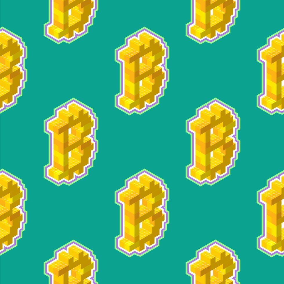 Bitcoin sign consisting of yellow blocks in isometric view on a green background. Seamless pattern. Vector illustration.
