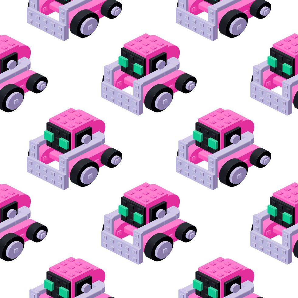 Pattern of pink cute robots in isometry. Vector clipart