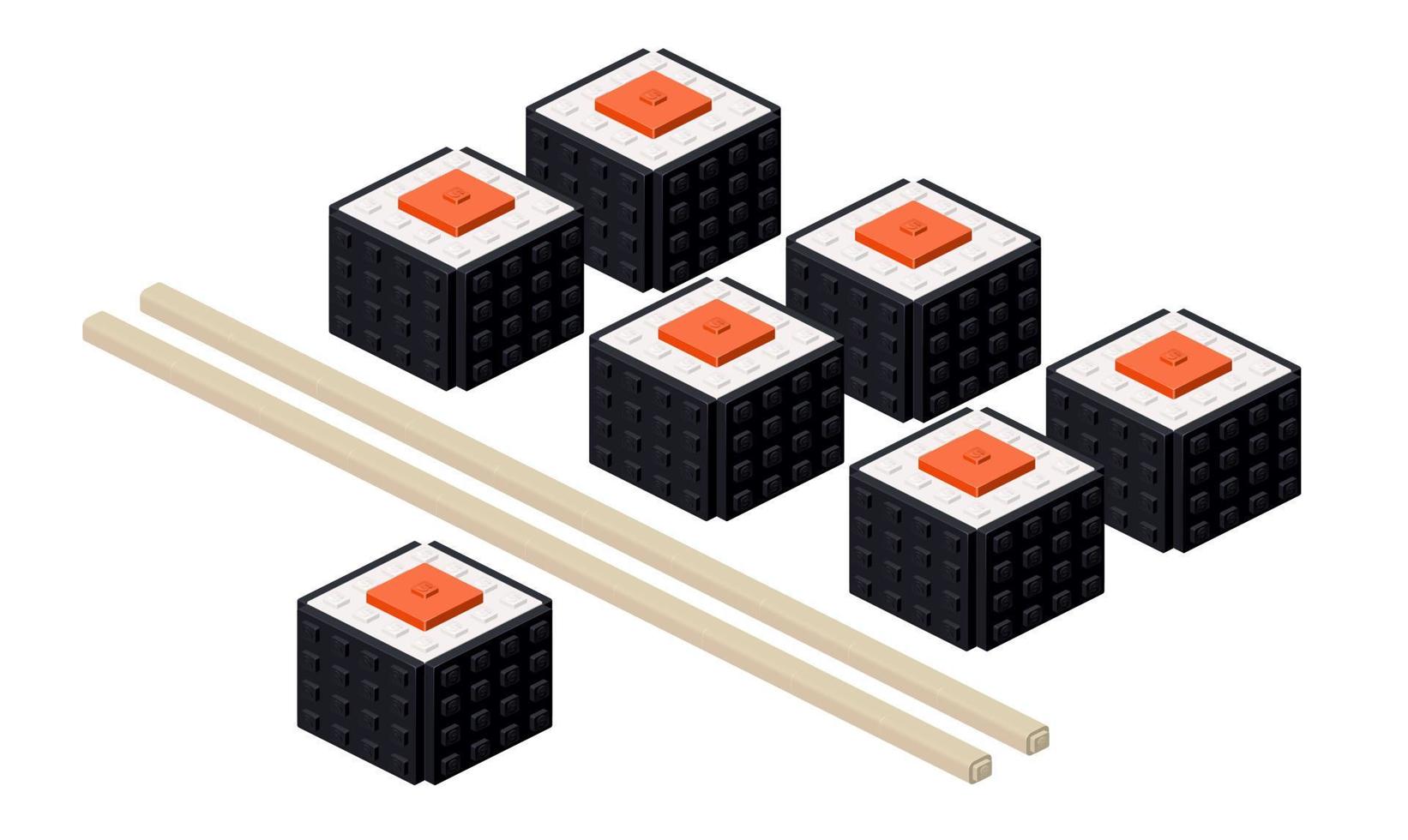 Set of tekka maki sushi along with bamboo sticks in isometric. Vector clipart