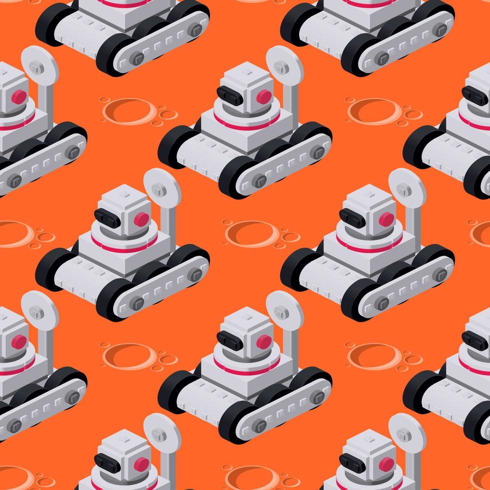 Robot rover on the surface of mars, seamless pattern. Vector clipart