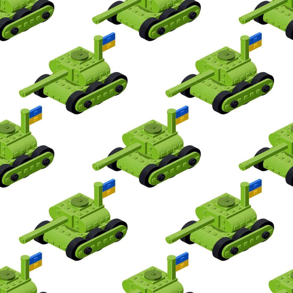 Pattern of green tanks with the flag of Ukraine. Vector clipart