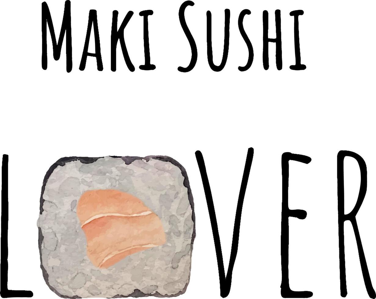 Watercolor asian food sushi set with salmon, cucamber and tamago in wooden chopsticks. vector