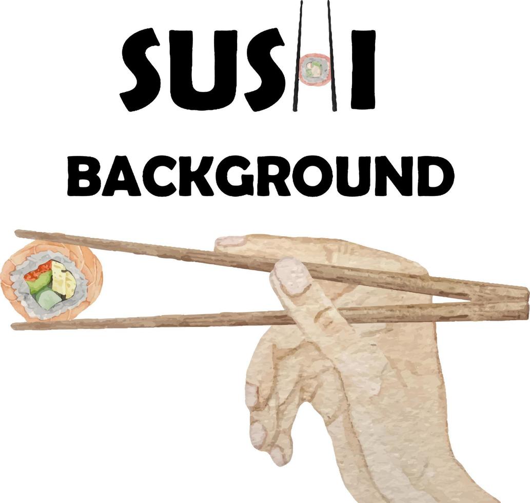 Watercolor asian food sushi set with salmon, cucamber and tamago in wooden chopsticks. vector