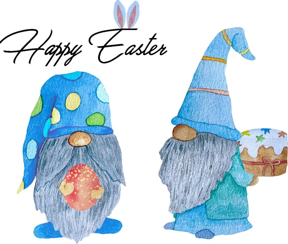 Watercolor cute Easter gnomes in blue with colorful eggs on a white background. vector