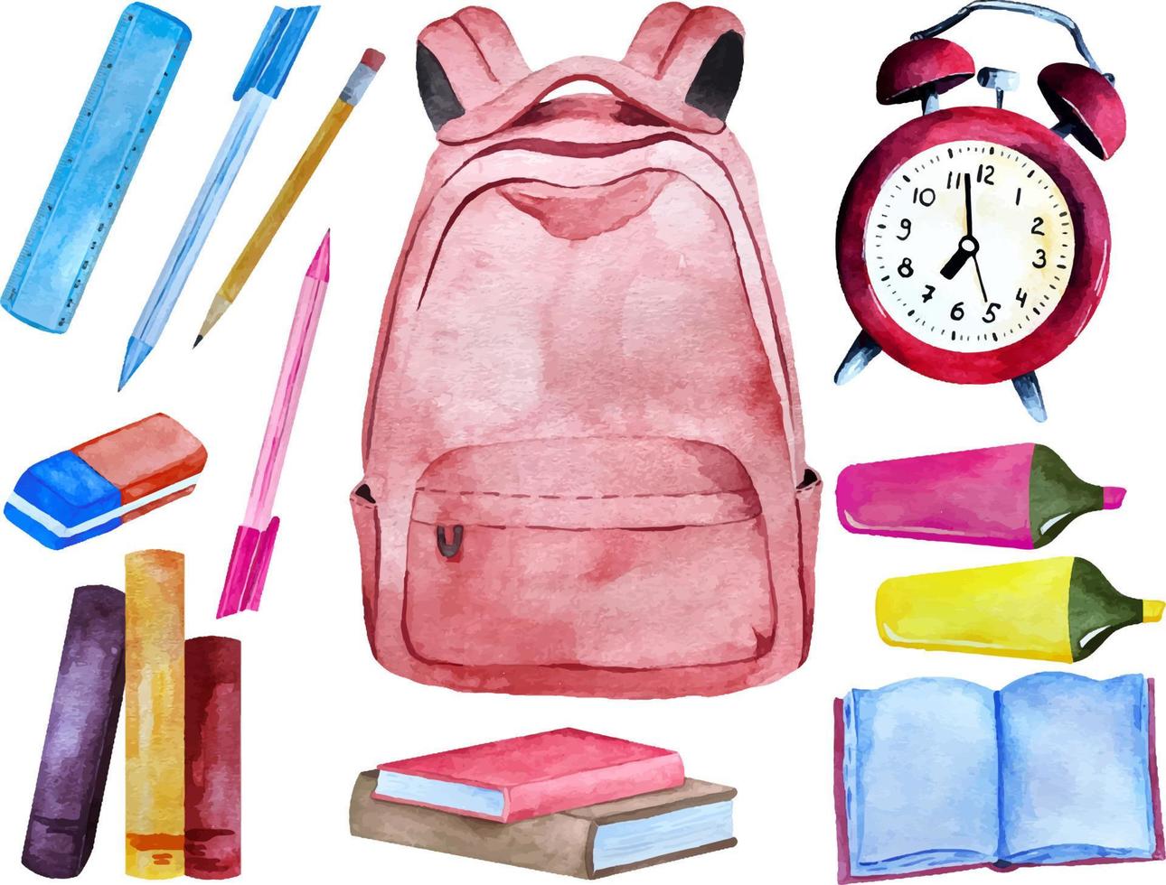 Watercolor school supplies with backpack, pen, pencil, rubber, b vector