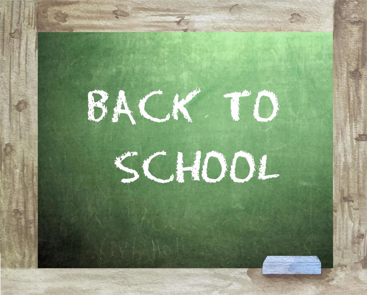 Watercolor school green chalkboard with Back to school text. Blackboard in wooden frame. vector