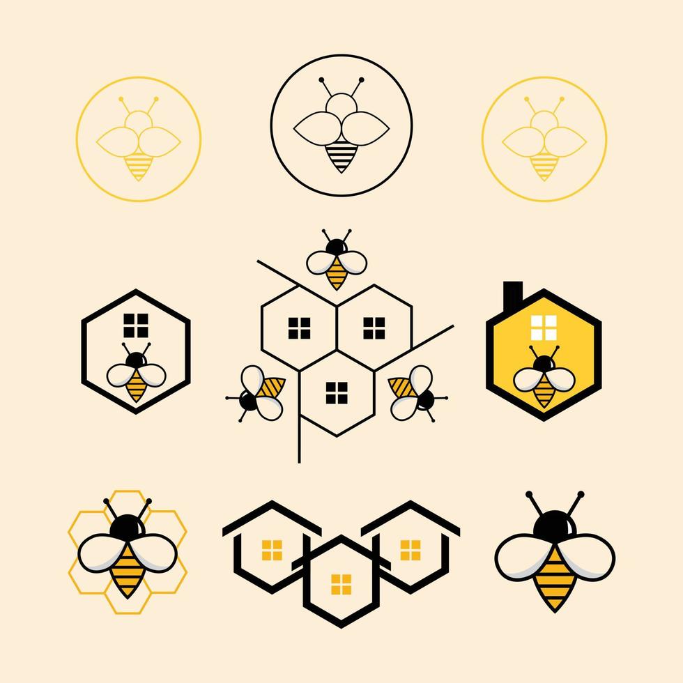 Vector logo template with bee and house emblems - abstract real estate icon and emblem for rentals, realty, wildlife and resorts. Hive logo emblems set