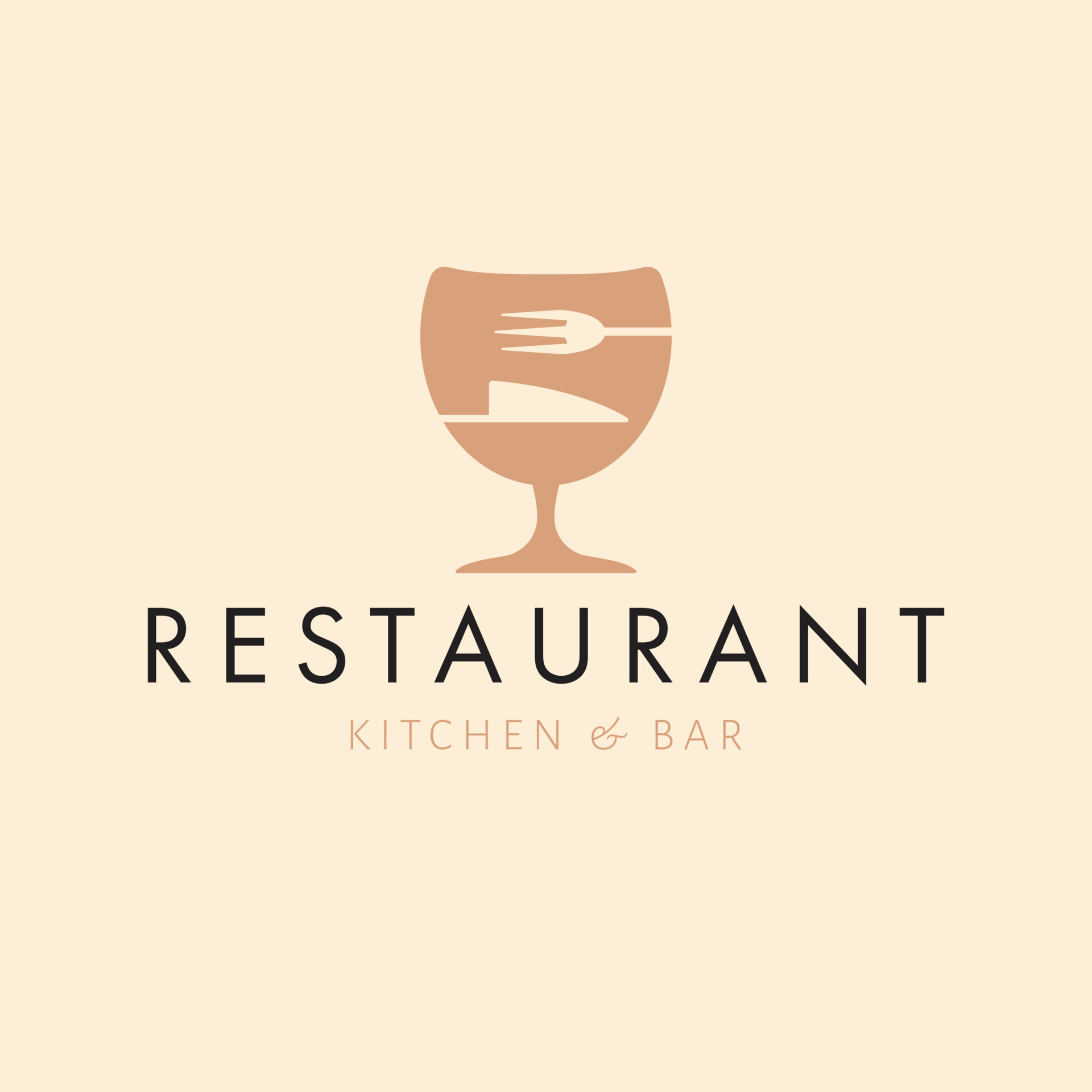 Restaurant kitchen and bar logo design. Glass of wine, fork and knife