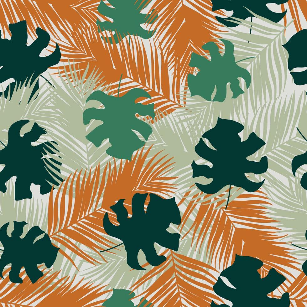 Palm and monstera leaves seamless pattern design. Tropical leaves branch and monstera summer pattern design. Tropical floral pattern background. Trendy Brazilian illustration. vector