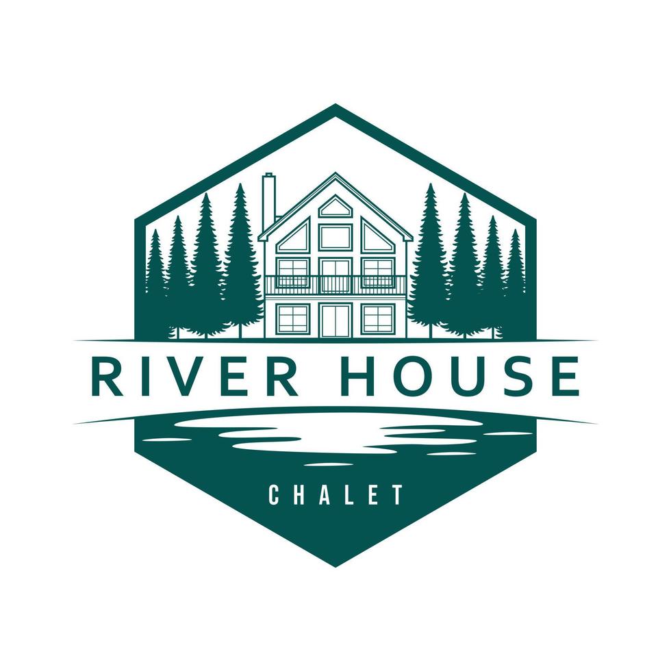 Hand drawn house and trees logo design. River house chalet emblem. Luxury real estate logotype. vector