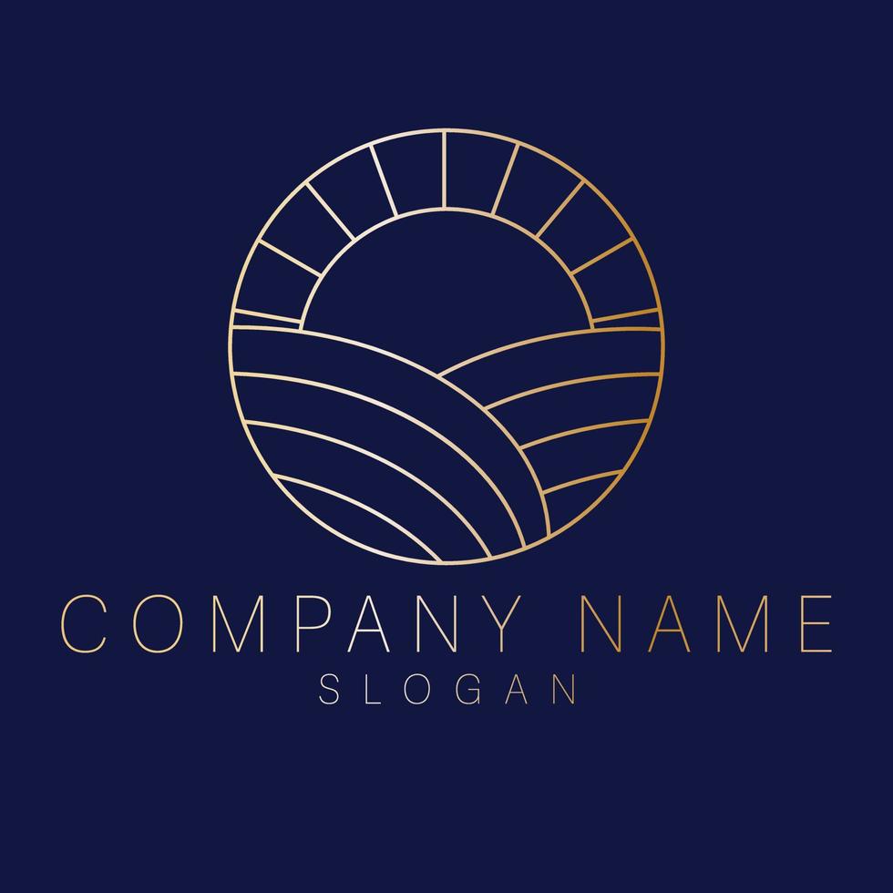 Field and sun logo design. Minimalist tourism and vacation vector logo. Nature logo template design - farm logo design
