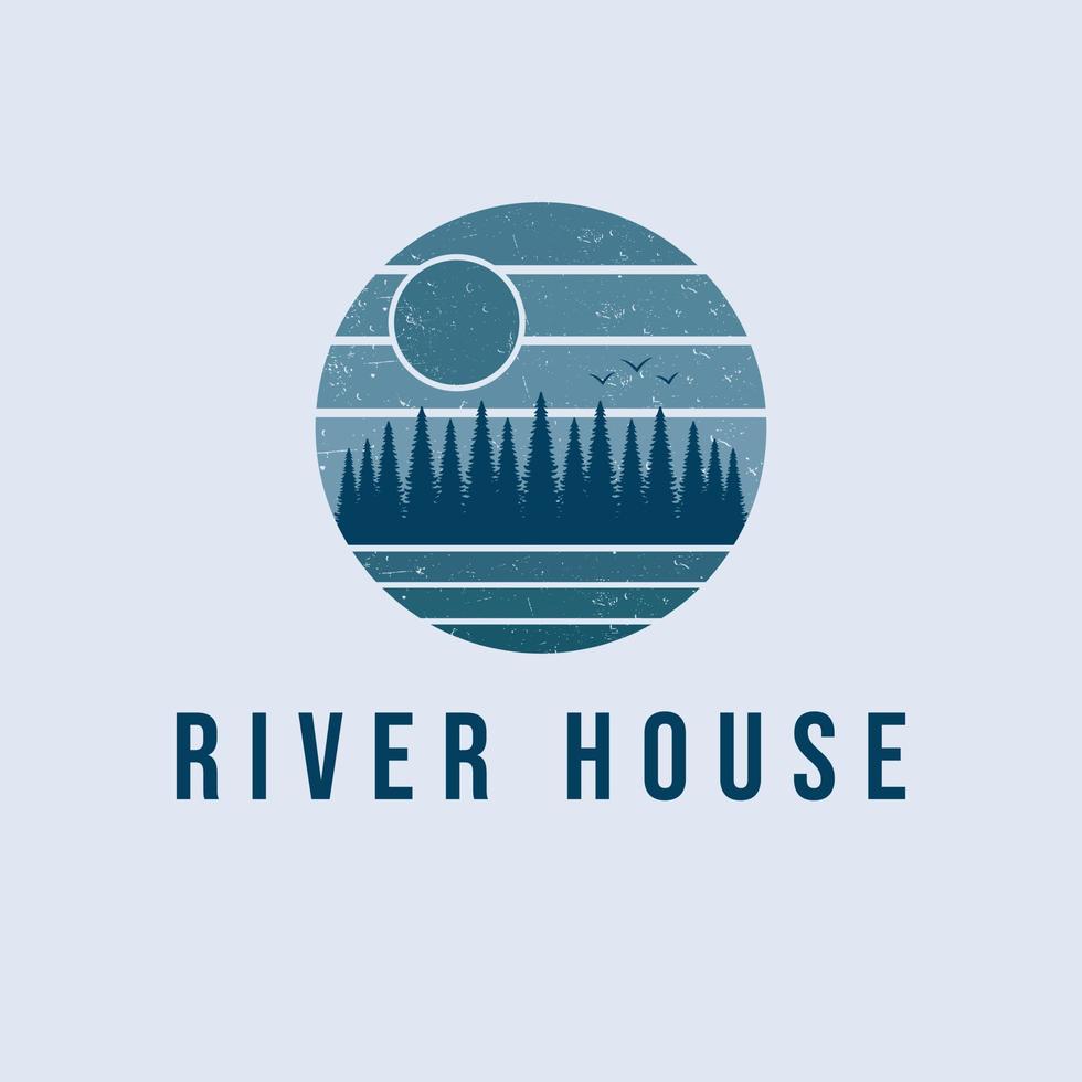 Hand drawn forest logo design. River house emblem. Luxury real estate logotype. vector