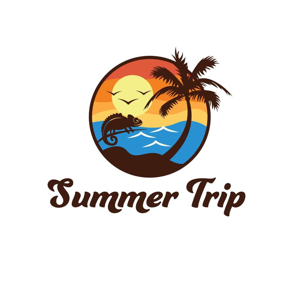 Summer Trip logo design. Tropical landscape with iguana logotype. Sea and sun beautiful travel icon. vector