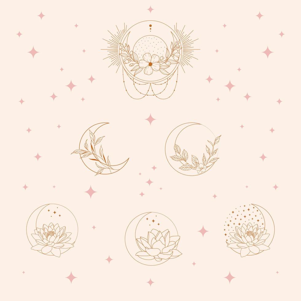 Bohemian moon and lotus flower set. Vector set of linear boho icons and symbols. Sun logo design templates. Abstract design elements for jewelry in minimalist style for social media posts