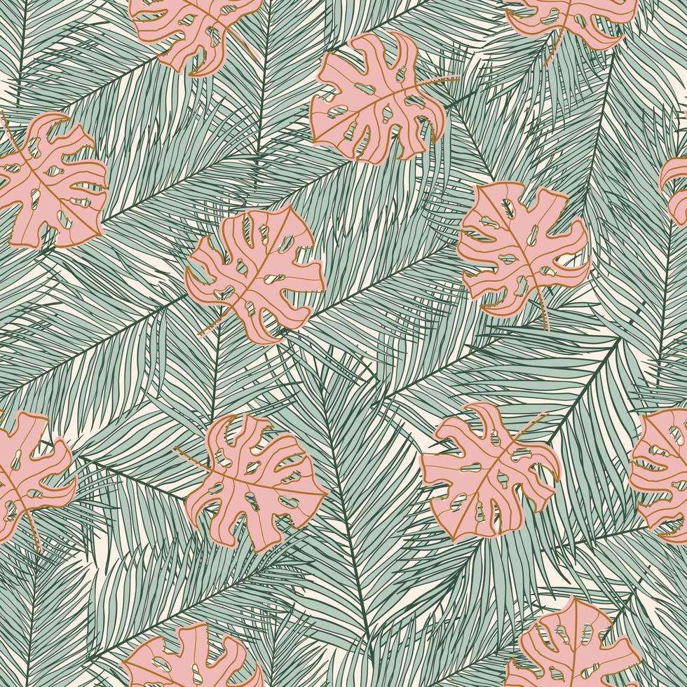 Palm and monstera leaves seamless pattern design. Tropical leaves branch and monstera summer pattern design. Tropical floral pattern background. Trendy Brazilian illustration. vector