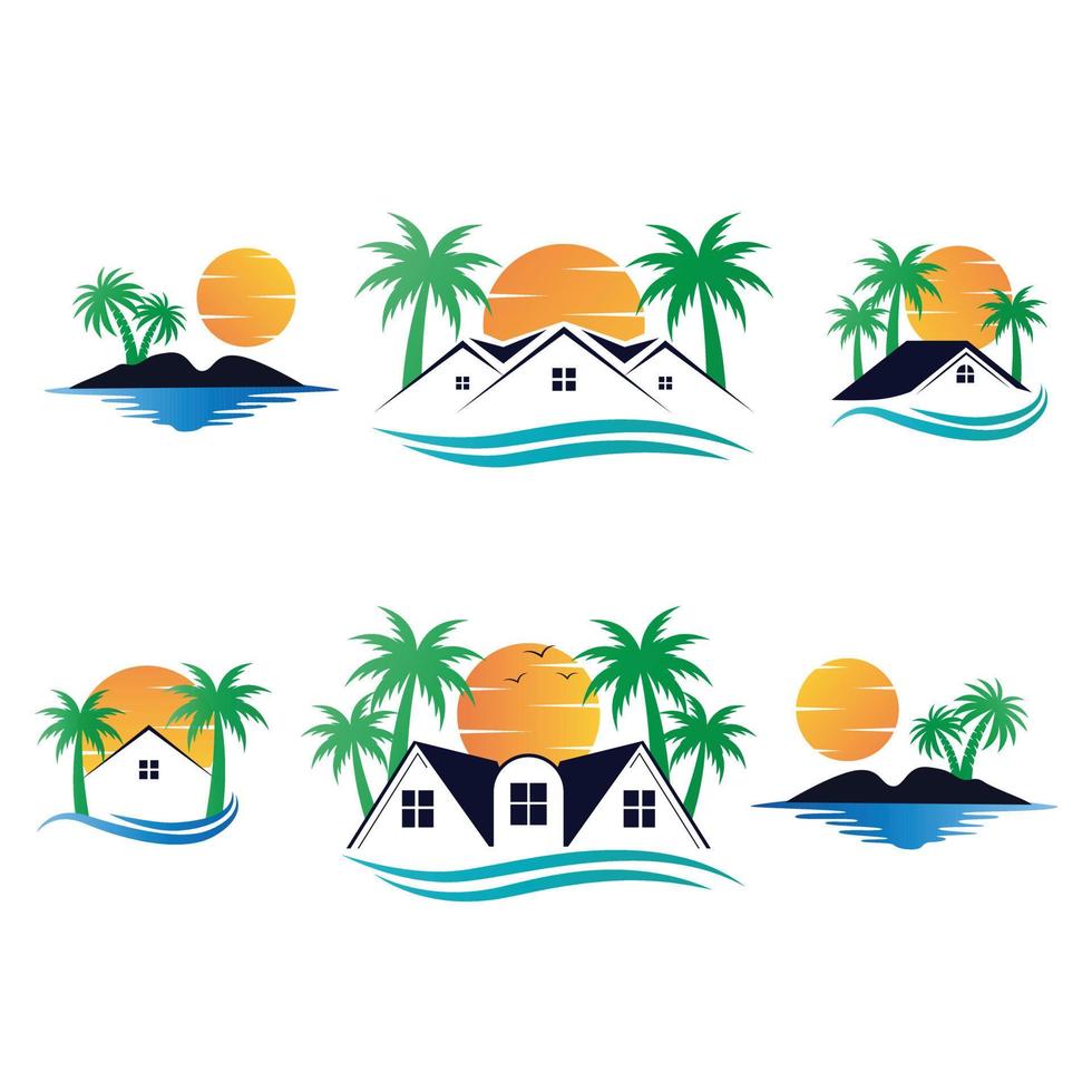 Vector logo template with travel emblems - abstract summer and vacation icon and emblem for vacation rentals, travel services, tropical spas and resorts. Tropical logo emblems set