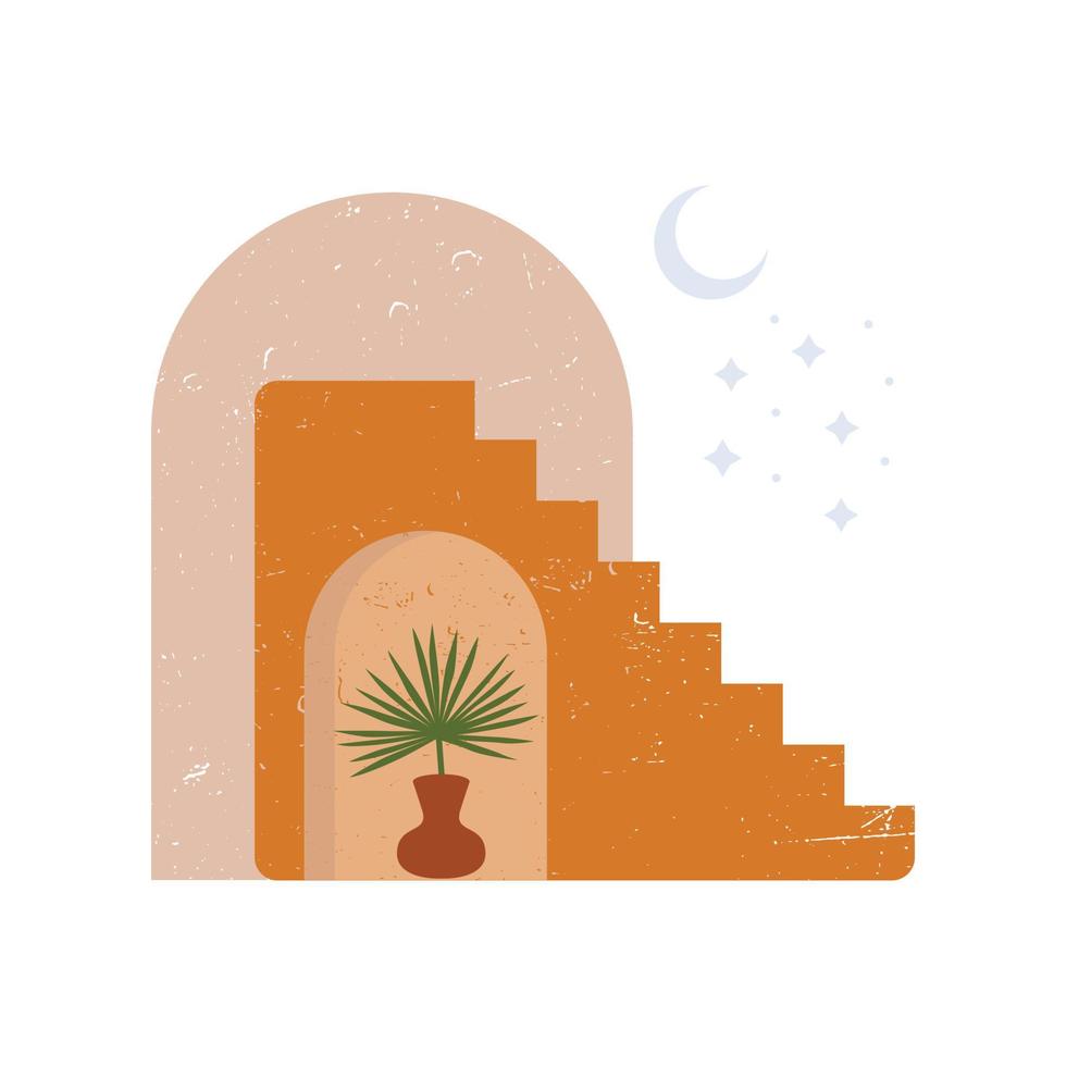 Bohemian stairs and exotic plant illustration. Mid century elegant illustration. vector