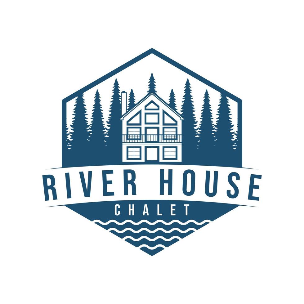 Hand drawn house and trees logo design. River house chalet emblem