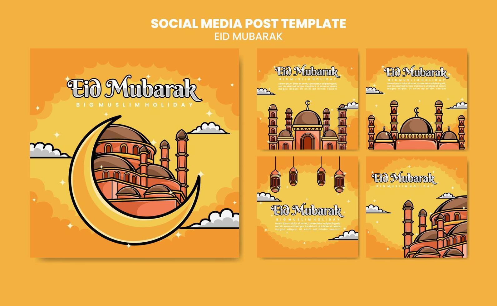 Set of social media post templates on square background with simple mosque ornament design very good for eid mubrak day vector